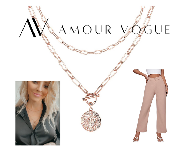 Black Silky Blouse, Paper Clip Necklace & Dusty Pink Trouser 3/26/23