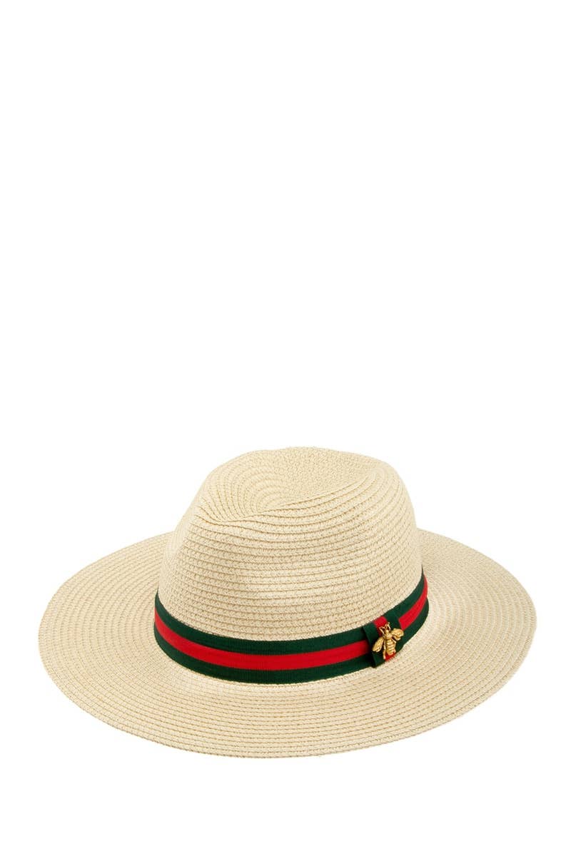 Bee Decorated Green and Red Band Straw Fedora Hat - Beige