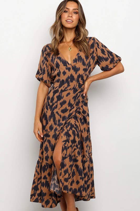 Tan Leopard Print Wrap Dress