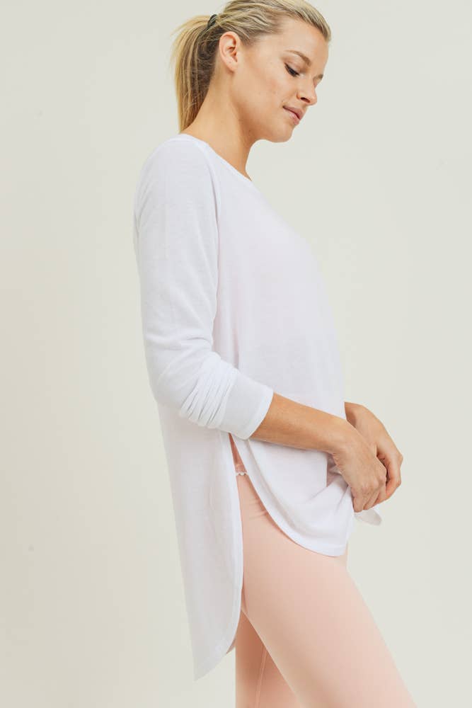 Long Sleeve Flow Top with Side Slits-White