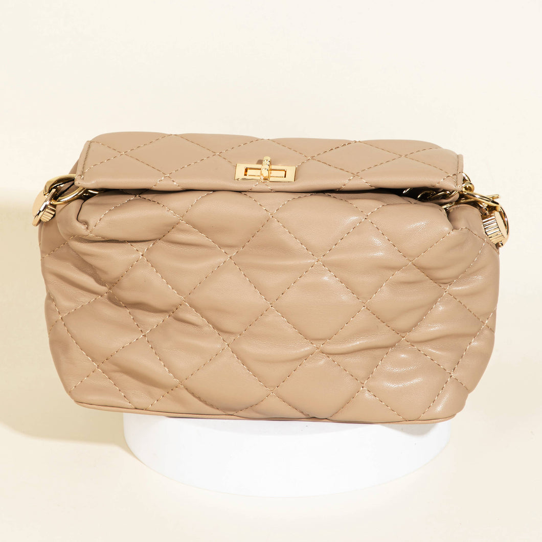Quilted Faux Leather Chain Fashion Bag-Taupe