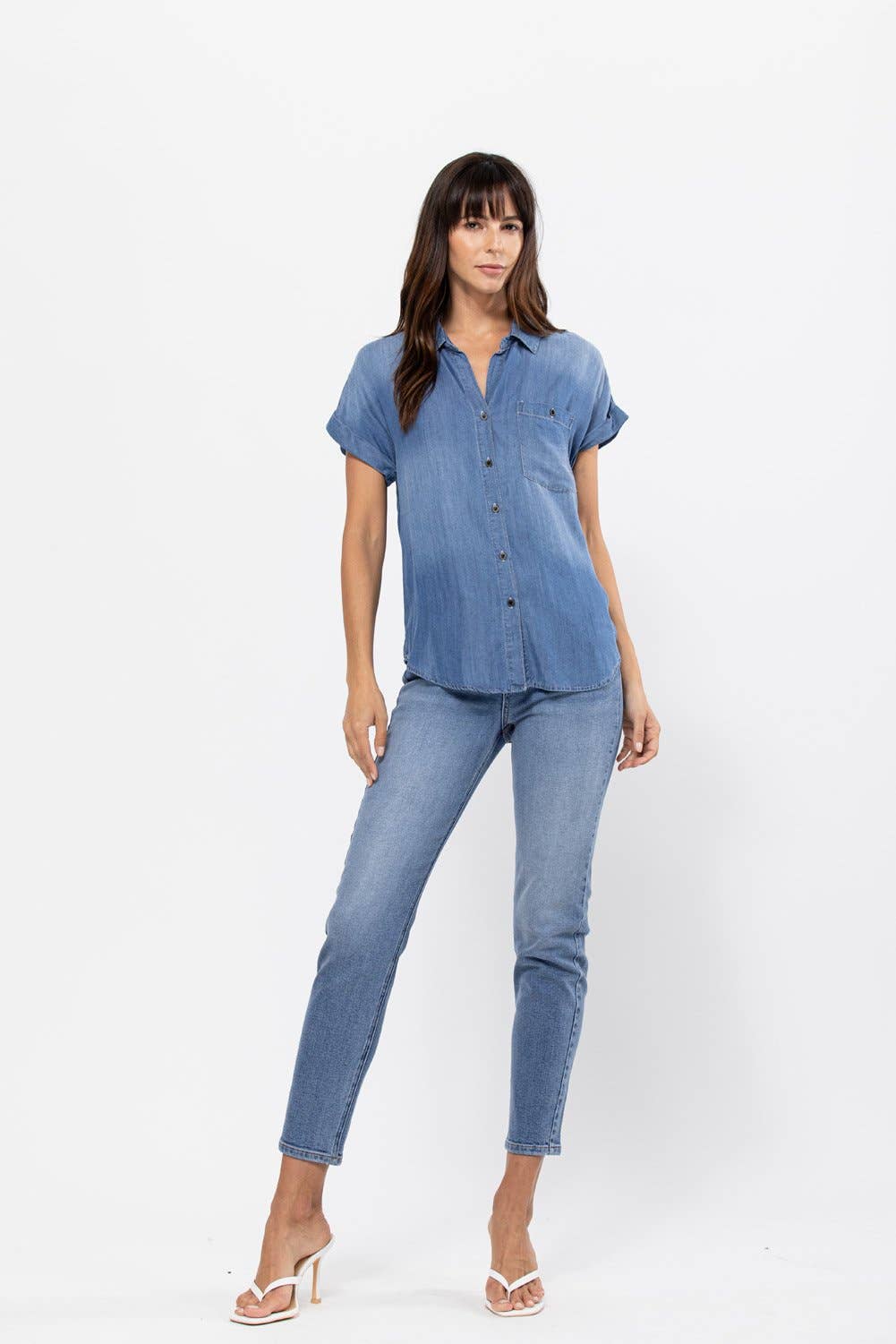 CUFFED SLEEVE TENCEL BUTTON UP SHIRT - Dark Denim