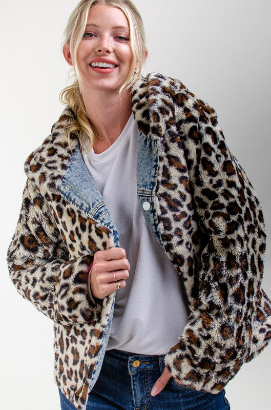 Women's Denim Leopard Fur Jacket