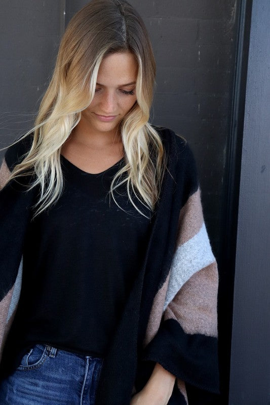 Black, grey, and tan shawl