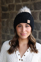 Load image into Gallery viewer, Black fleece lined cable knit hat with pom
