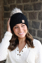 Load image into Gallery viewer, Black fleece lined cable knit hat with pom
