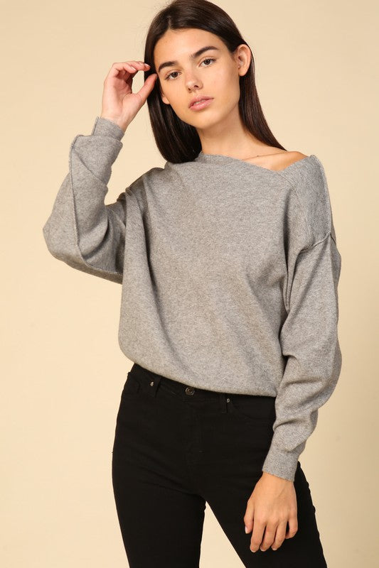 Long Sleeve Knit Asymmetrical Neckline Sweater