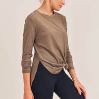 Ribbed Mesh Long Sleeve Flow Top with Side Slits - MOCHA