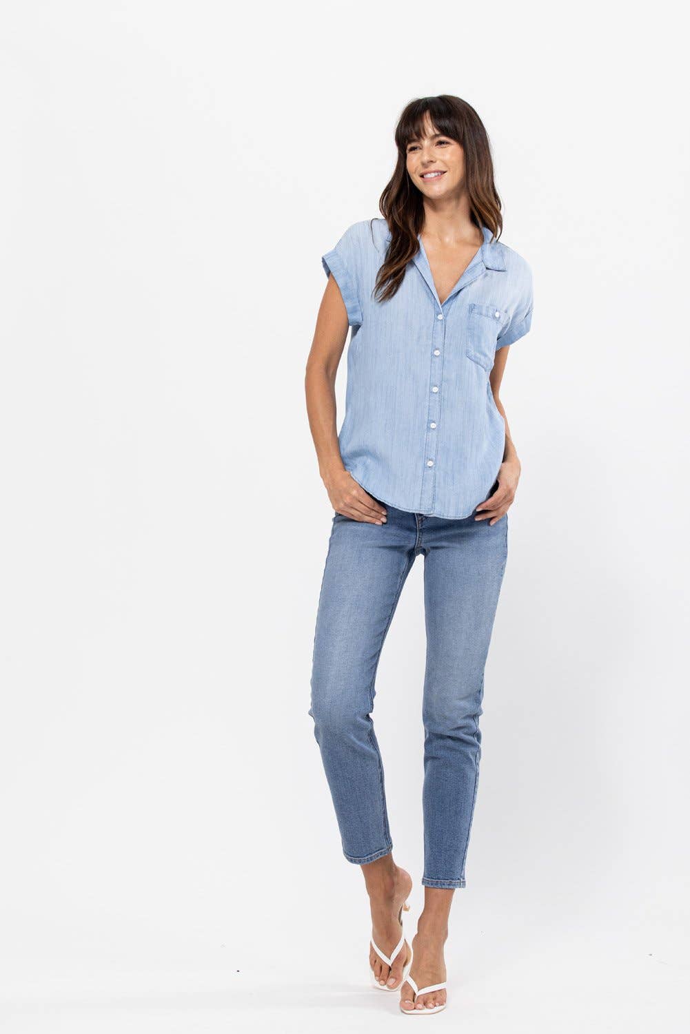 CUFFED SLEEVE TENCEL BUTTON UP SHIRT-Light
