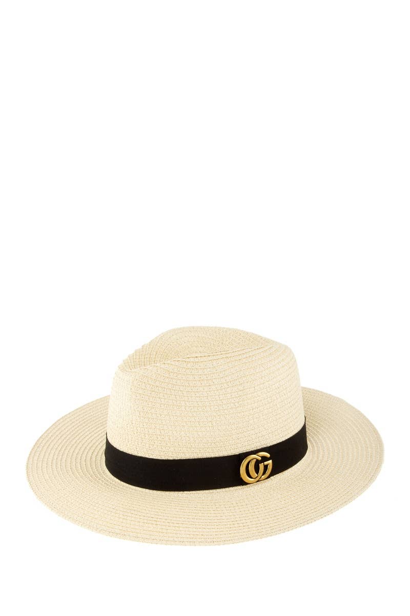 GG Metal Fedora Straw Hat - Beige