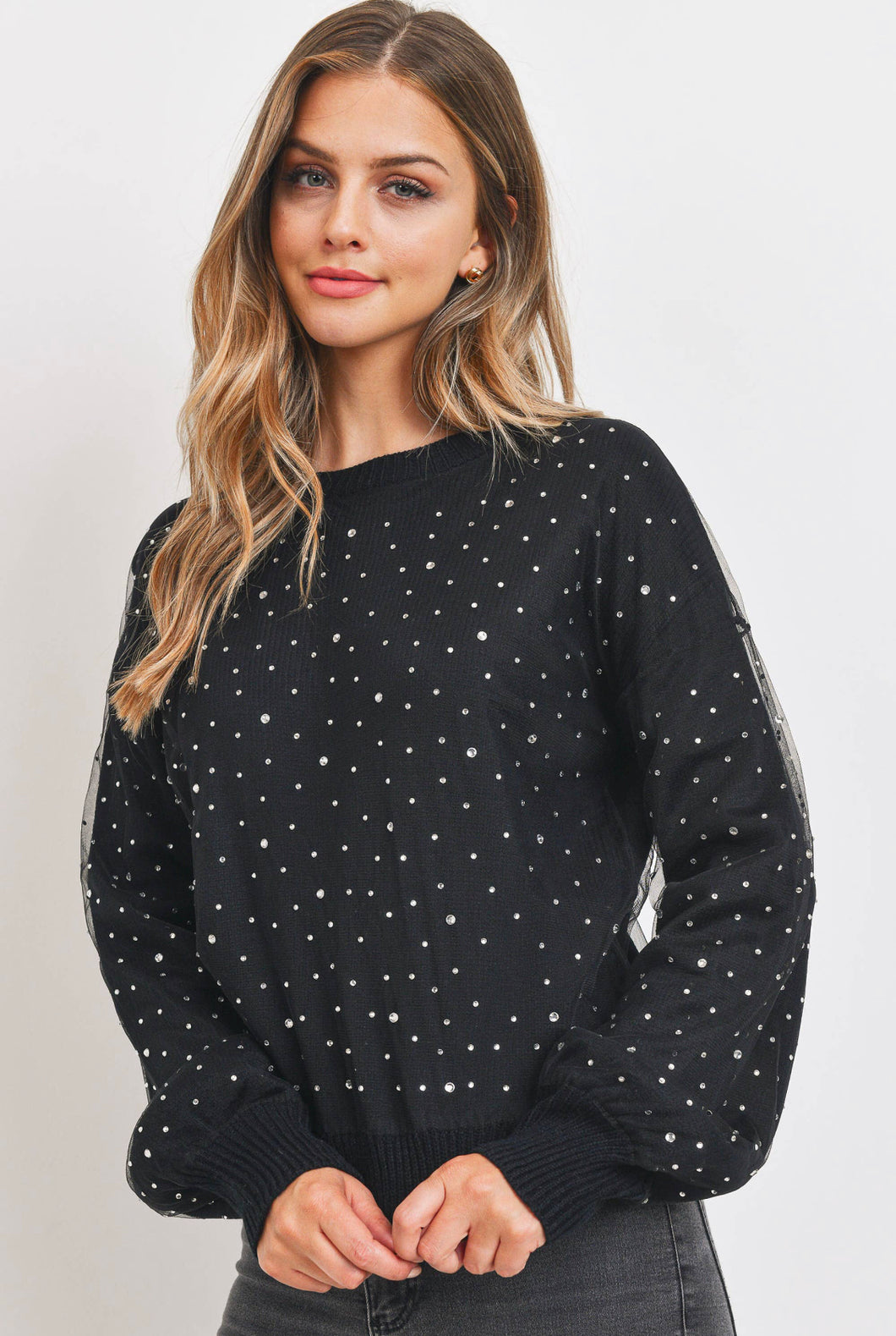 Rhinestone Sheer Overlay Sweater-Black