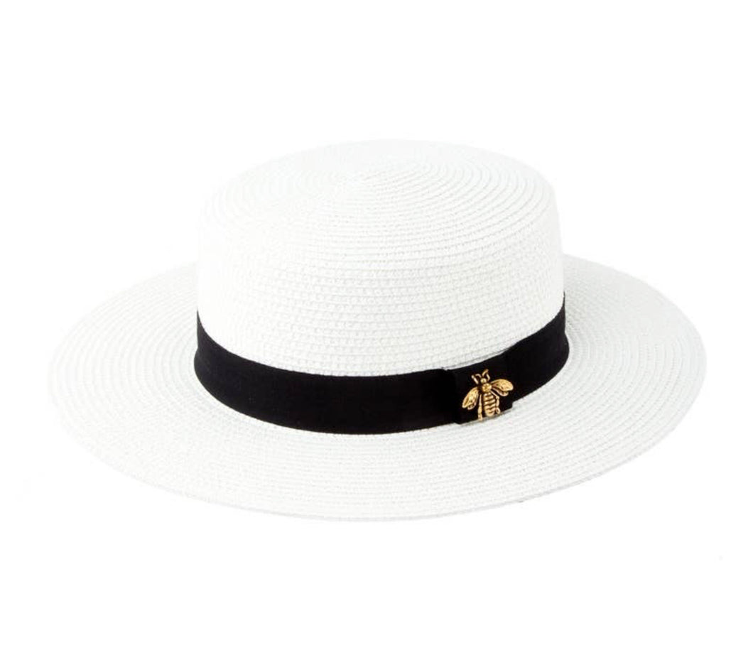 Bee Metal Fedora Straw Hat - White